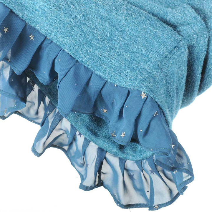 Blue-green stretchy pleated snood with sheer voile ruffles