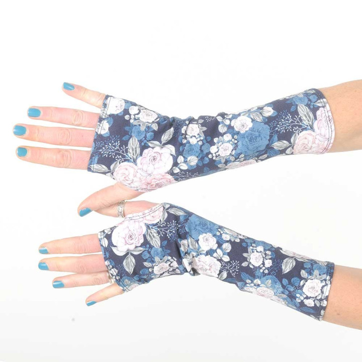 Mitaines créateur longues en jersey coton bleu fleuri