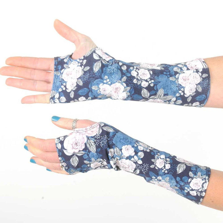 Mitaines artisanale longues en jersey coton bleu fleuri