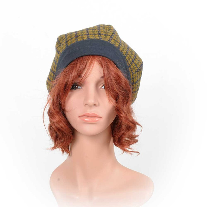 Green and blue houndstooth beret, vintage wool
