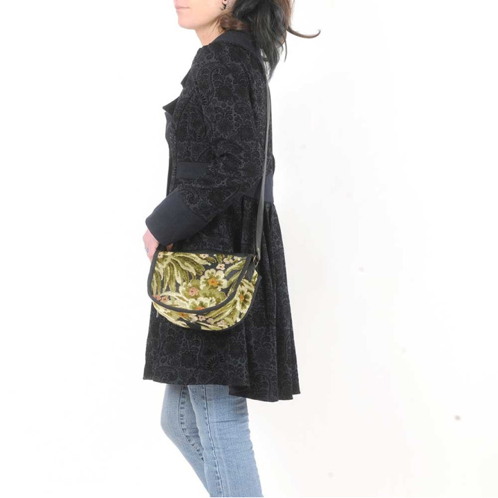 Black and green floral velour crossbody purse, leather and fabric