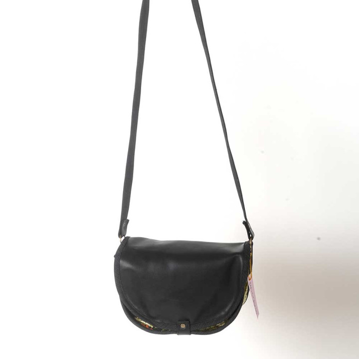 Black and green floral velour crossbody purse, leather and fabric