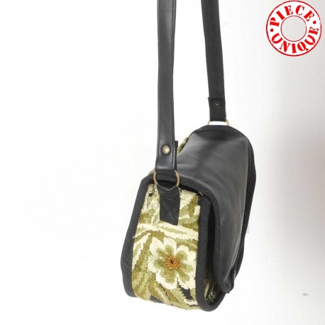 Black and green floral velour crossbody purse, leather and fabric