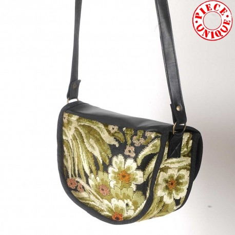 Sac bandoulière cuir original fabriqué en France noir et velours fleuri vert