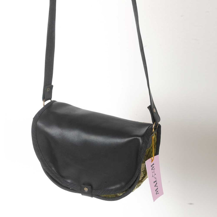 Black and green floral velour crossbody purse, leather and fabric