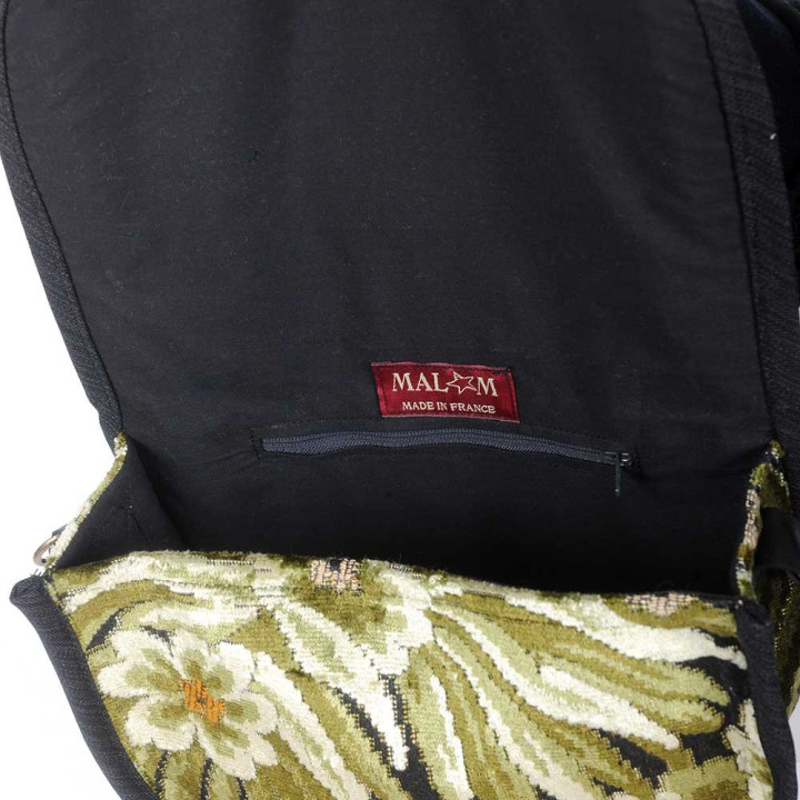 Sac bandoulière cuir fabriqué en France noir et velours fleuri vert