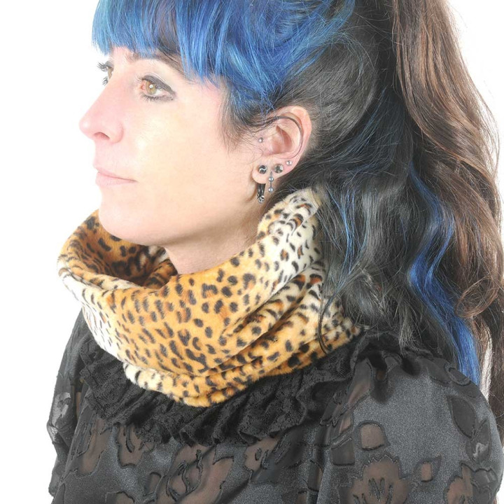Leopard print snood with black lace ruffles