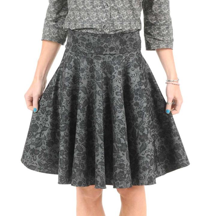 Mid-length dark grey flared skirt with floral print