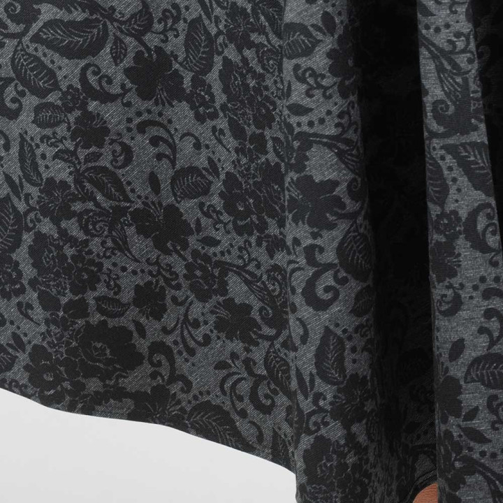 Mid-length dark grey flared skirt with floral print