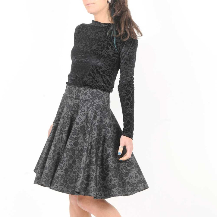 Mid-length dark grey flared skirt with floral print