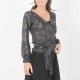Dark grey floral jersey wrap with puffy sleeves