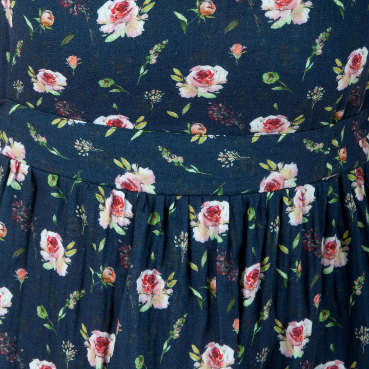 Navy blue floral dress with short sleeves, lightweight cotton gauze