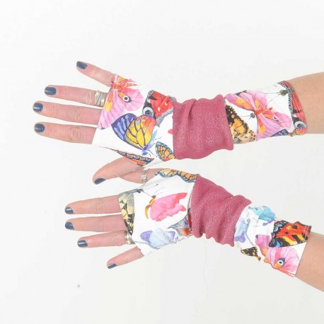 Colorful armwarmers in a patchwork of butterflies and pink jersey