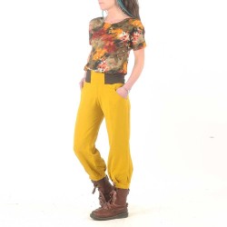Pantalon femme 4/5 jaune créateur fabrication française, ceinture jersey
