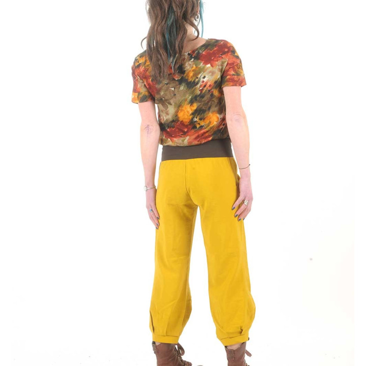 Pantalon femme fabriqué en France créateur femme 4/5 jaune, ceinture jersey