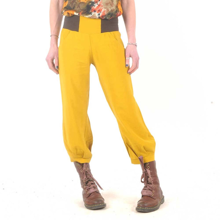 Pantalon femme 4/5 jaune, ceinture jersey