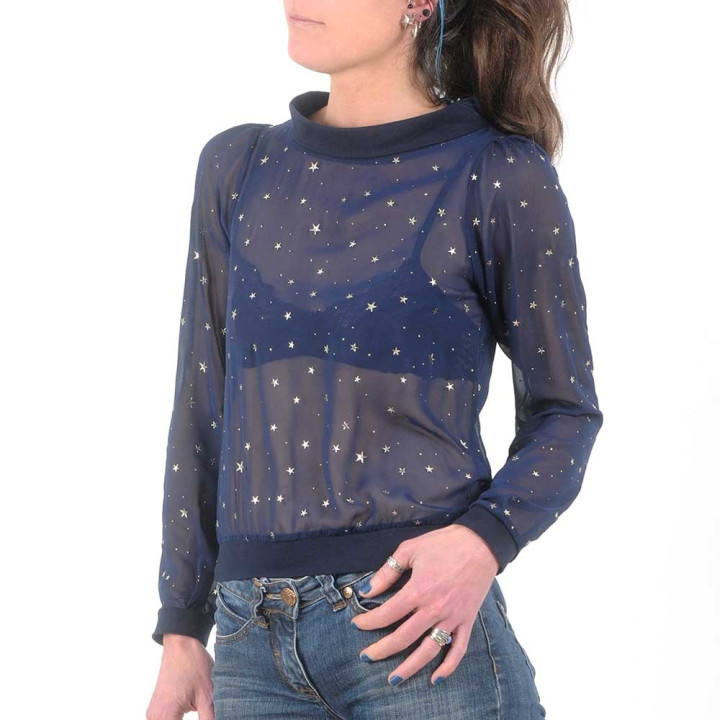 Blouse bleu artisanal marine en voile transparent étoilé, col bateau