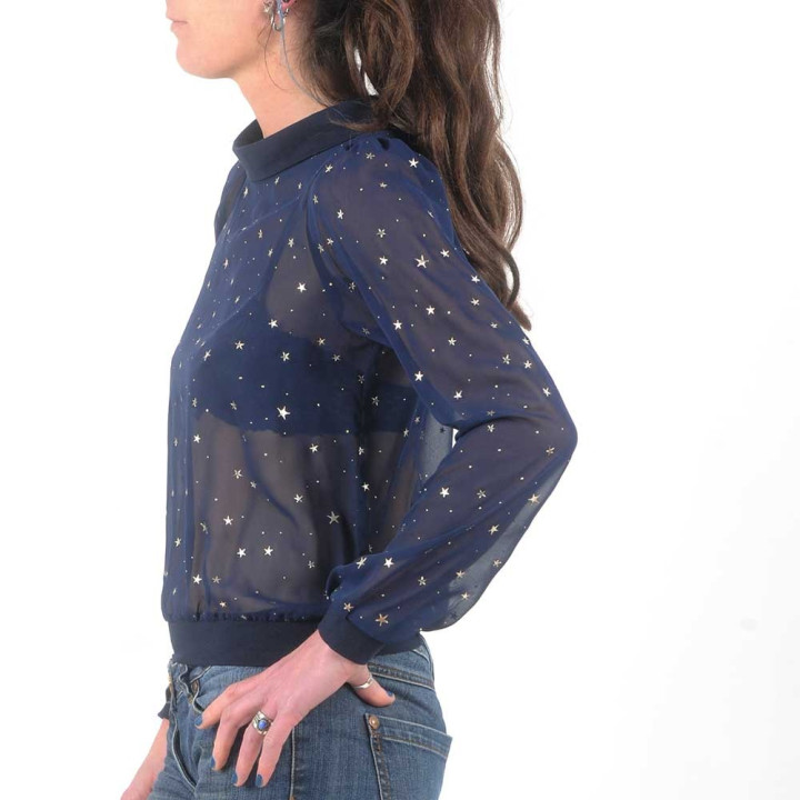 cadeau pour femme Blouse bleu marine en voile transparent étoilé, col bateau
