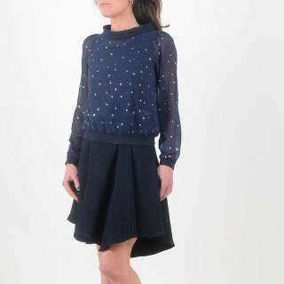 Sheer starry navy blue voile blouse with boat cowl