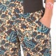 Womens long beige and blue printed viscose pants, stretchy belt