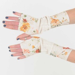 Beige armwarmers in a patchwork of floral and perforated jersey