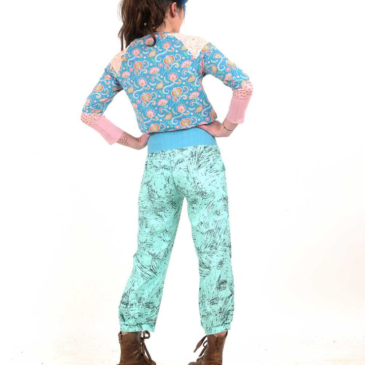 Womens puffy pants in aqua green and black linen