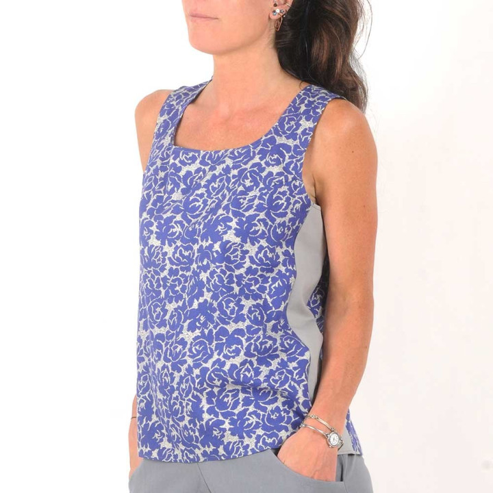 Top débardeur cadeau pour femme été bleu et gris, tissu vintage fleuri