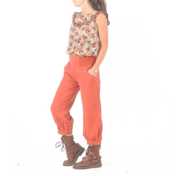 Pantalon femme 4/5 orange, ceinture jersey