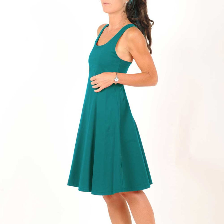 Robe fait main en france  bleu canard en jersey, à bretelles croisées dos