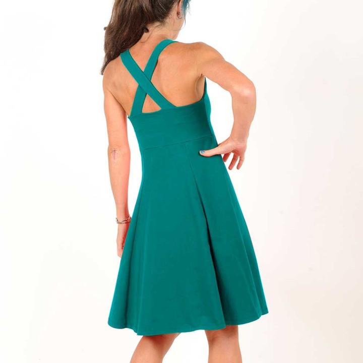 Peacock blue flared jersey dress with crossed straps