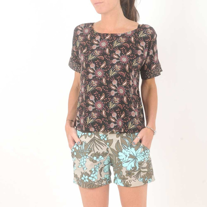 Womens summer shorts, taupe and lagoon blue floral cotton
