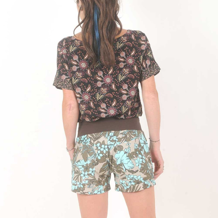 Short femme été coton fleuri taupe et vert d'eau