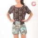 Womens summer shorts, taupe and lagoon blue floral cotton