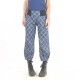 Womens checkered blue denim pants, stretchy jersey belt