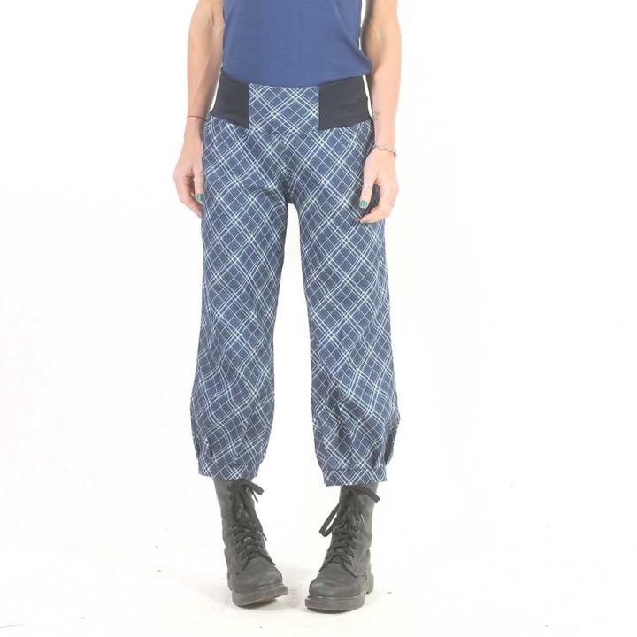 Pantalon femme 4/5 coton denim léger bleu quadrillé, ceinture jersey