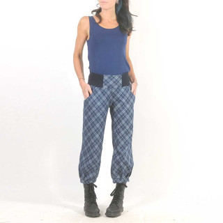 Womens checkered blue denim pants, stretchy jersey belt