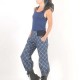 Pantalon femme créateur fabrication française 4/5 coton denim léger bleu quadrillé, ceinture jersey
