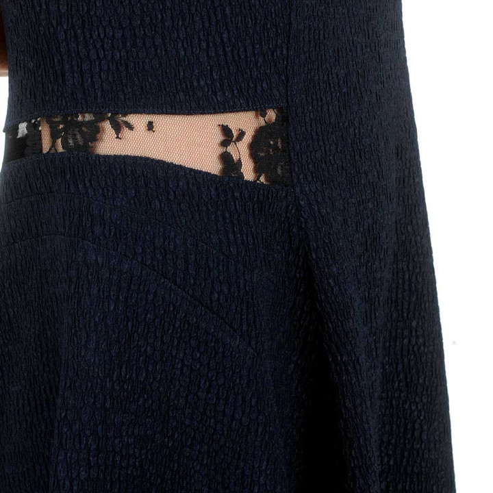 Textured navy blue sleeveless dress with sheer lace back