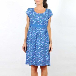 Printed blue cotton gauze dress with short sleeves,