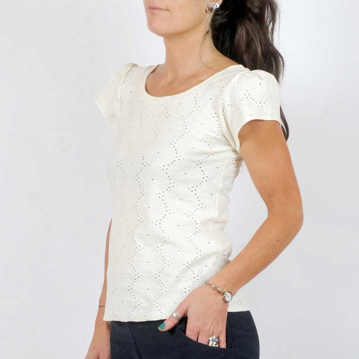 White short-sleeved top, floral pattern