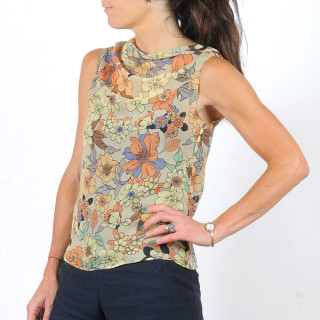 Sleeveless wide top, in supple sheer taupe voile with floral print