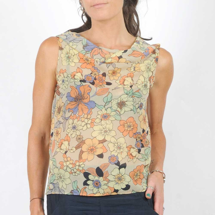 Haut large artisanal sans manches, voile taupe transparent motifs fleuris