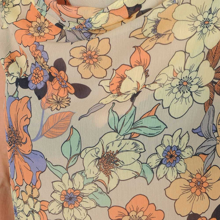 Sleeveless wide top, in supple sheer taupe voile with floral print