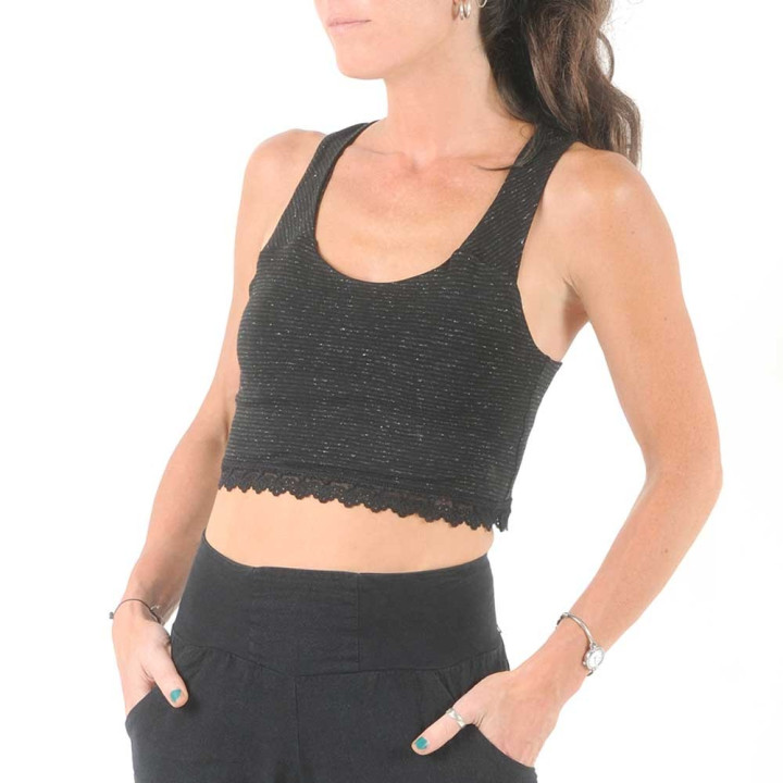 Crop top noir rayé, à bretelles croisées dos