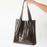 Deep brown varnished leather shopping tote bag, with two pockets