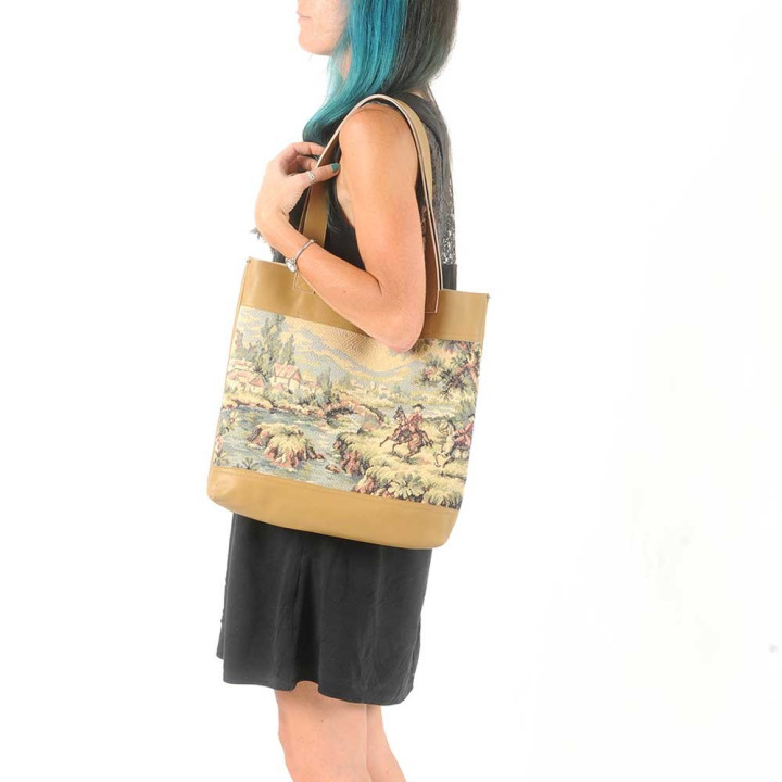 Beige leather shopping tote bag with vintage castle on the hill tapestry