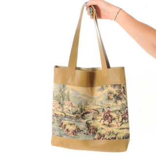 Sac shopping cabas original de créateur original de créateur, cuir beige et tapisserie château sur la colline