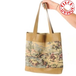 Beige leather shopping tote bag with vintage tapestry