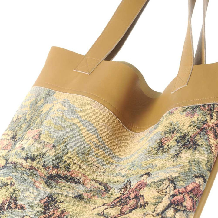 Beige leather shopping tote bag with vintage castle on the hill tapestry