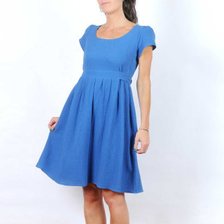 Robe manches courtes ceinturée, double gaze de coton bleu roi